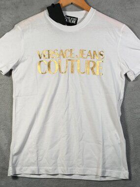 Versace Jeans Couture T-Shirt Mens XS White Gold Logo SLIM Fit 79GAHT05 $175